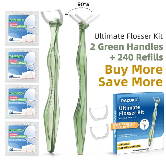 RAZOKO Flosser Kit with 135° Angled Long Handle, 240 Refill Heads and 2 Reusable Handles - Green, 240 Count