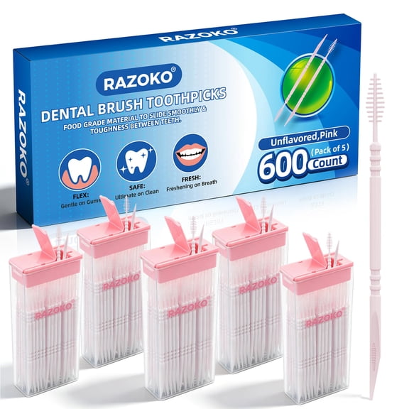 RAZOKO Interdental Plastic Toothpicks,Total 600CT/5 Packs,Unflavored,Pink