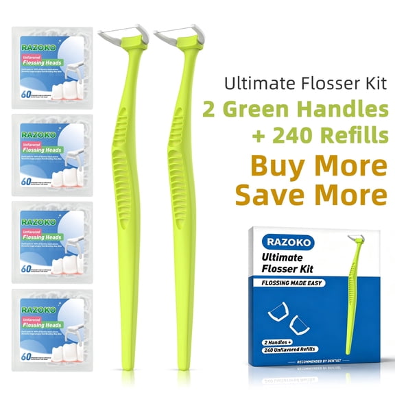 RAZOKO Reusable Dental Flosser Kit with 2 Green Handles and 240 Refill Heads, Extra Strong Shred-Resistant Floss