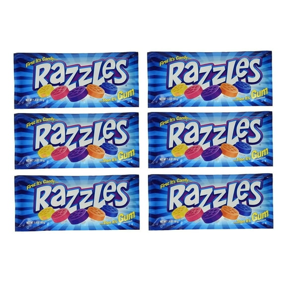 RAZZLES Gum Candy - Original, Sour, Tropical - 1.40 Ounce Pouches - First It’s Candy… Then It’s Gum… Assorted Flavors !! (Original, 6 Count)