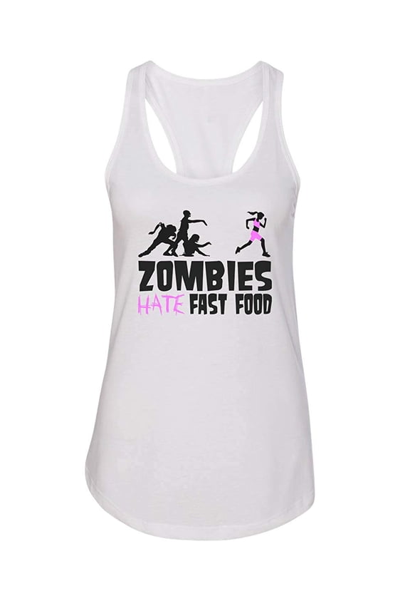 Women’s Funny Zombie Running Racerback Tank Top “Zombies Hate Fast Food”