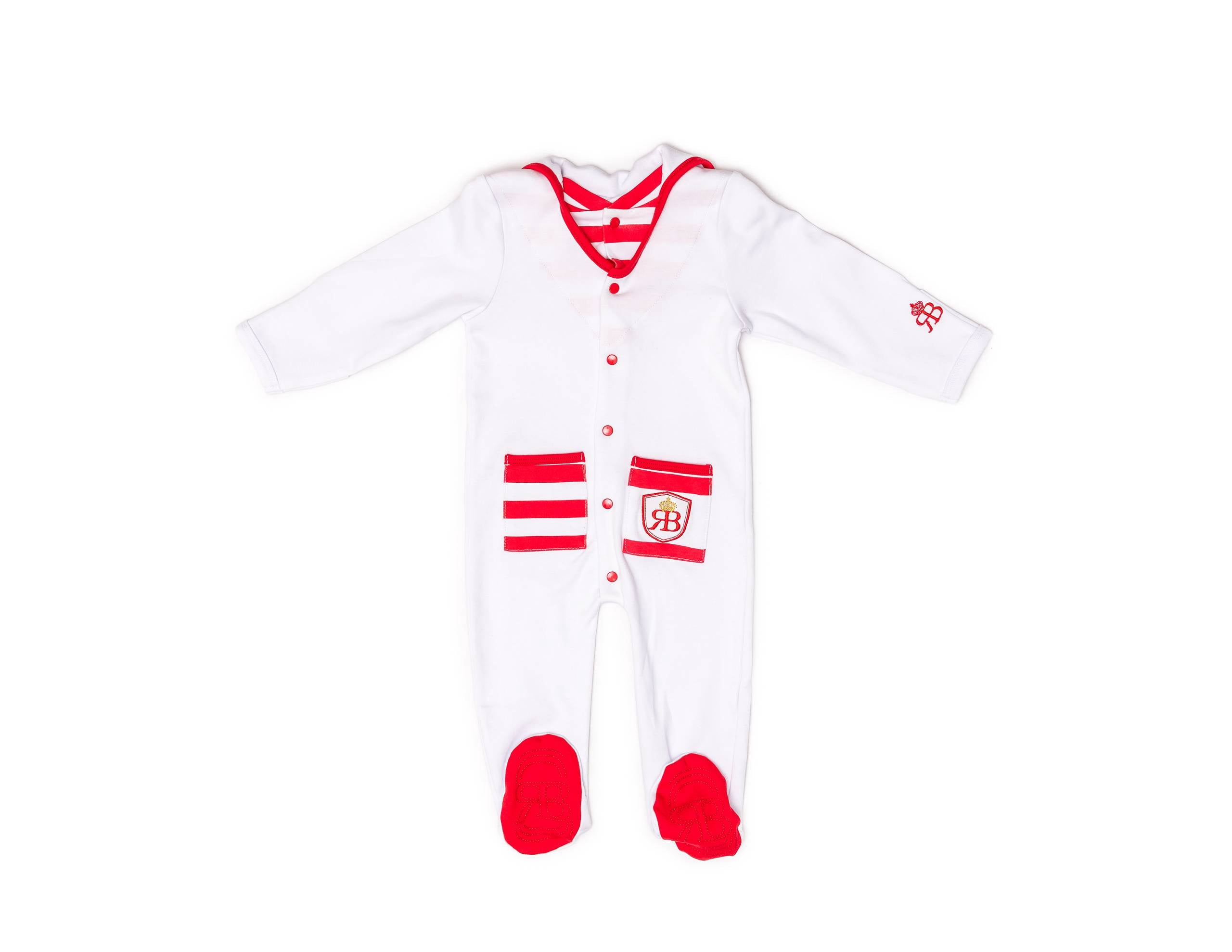 RB Royal Baby Organic Cotton Gloved-Sleeve Footed Overall, Footie (Captain) White Red - 0-3 Month