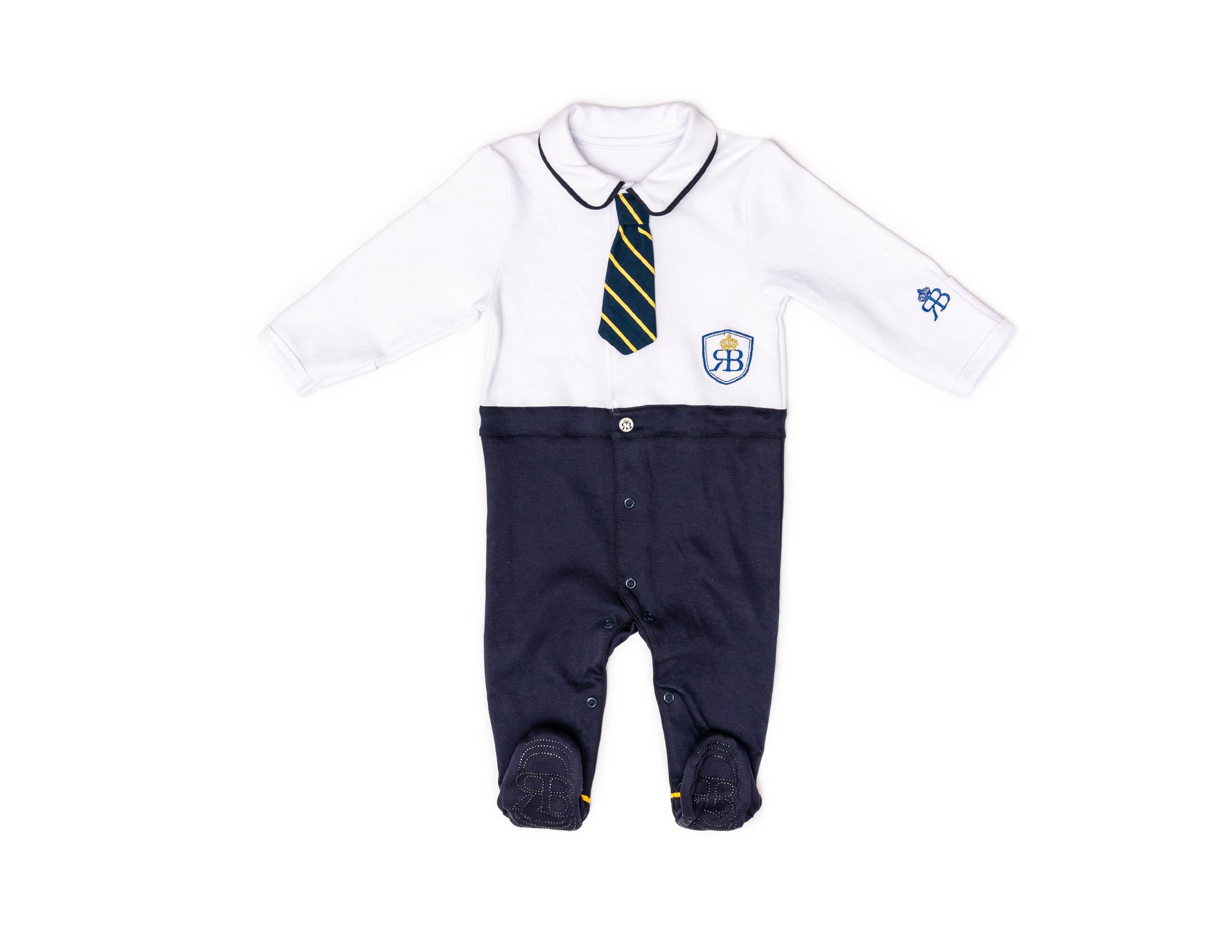 RB Royal Baby Organic Cotton Gloved-Sleeve Footed Overall, Footie (Little Man) White Navy - 3-6 Month