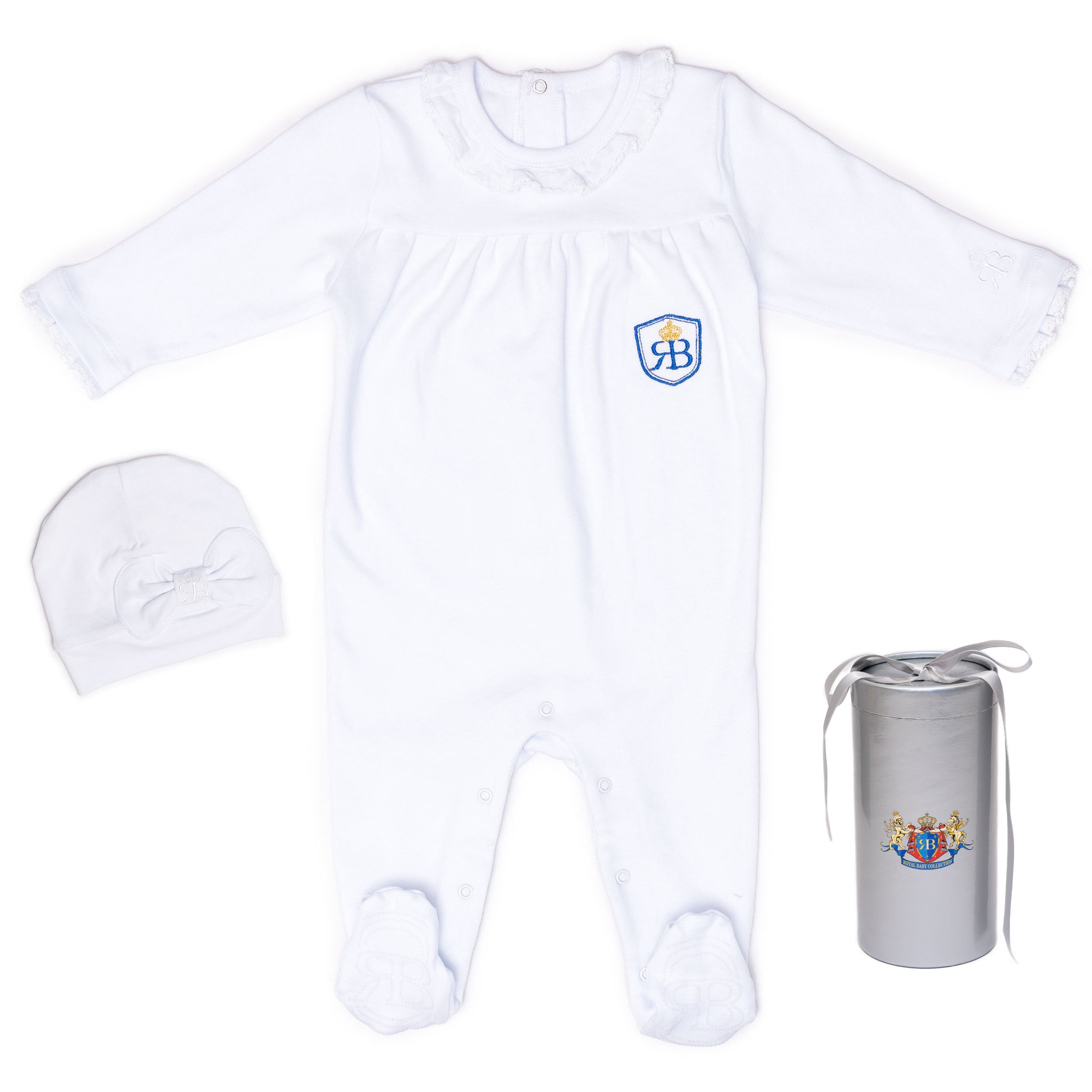RB Royal Baby Organic Cotton Sleeve Footed Overall Footie with Hat in Gift Box (LittleMe) - 0-3 Month