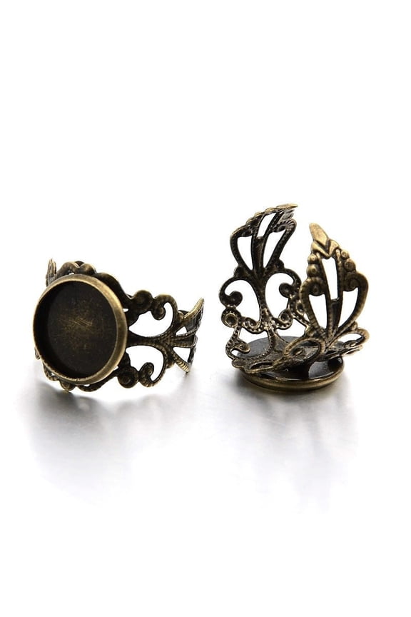 RB009 - 5 pcs. Antique Bronze ADJUSTABLE Cabochon Setting Bezel RING bases settings - Ring Size 7.5 US - Glue Pad 12mm (0.47 in) - Filigree Pattern