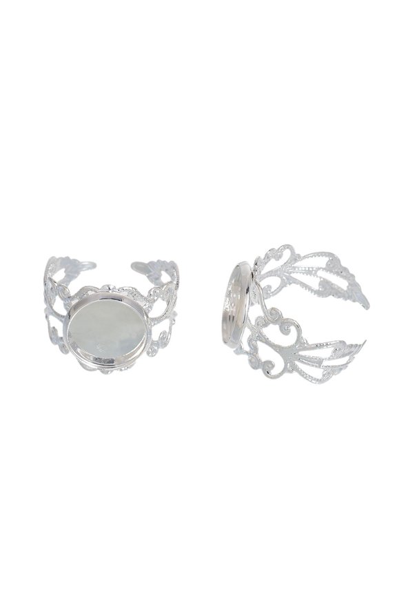 RB012 - 5 pcs. Silver Plated ADJUSTABLE Cabochon Setting Bezel RING bases settings - Ring Size 6 US - Glue Pad 12mm (0.47 in) - Filigree Pattern