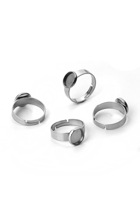 RB039 - 5 pcs. 304 Stainless Steel Silver Tone ADJUSTABLE Cabochon Setting Bezel RING bases settings - Ring Size 6.5 US - Glue Pad 8mm
