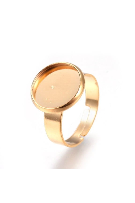 RB047 - 5 pcs. 304 Stainless Steel Golden ADJUSTABLE Cabochon Setting Bezel RING bases settings - Ring Size 7 US - Glue Pad 12mm