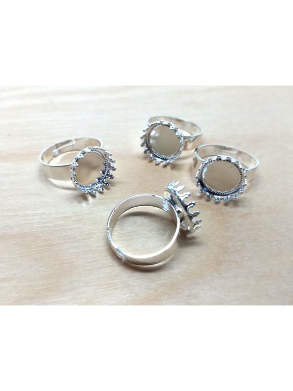 RB048 - 5 pcs. Silver Plated ADJUSTABLE Cabochon Setting Bezel RING bases settings - Ring Size 6 US - Glue Pad 12mm (0.47 in) - Filigree Pattern (Copy)