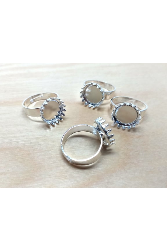 RB048 - 5 pcs. Silver Plated ADJUSTABLE Cabochon Setting Bezel RING bases settings - Ring Size 6 US - Glue Pad 12mm (0.47 in) - Filigree Pattern (Copy)