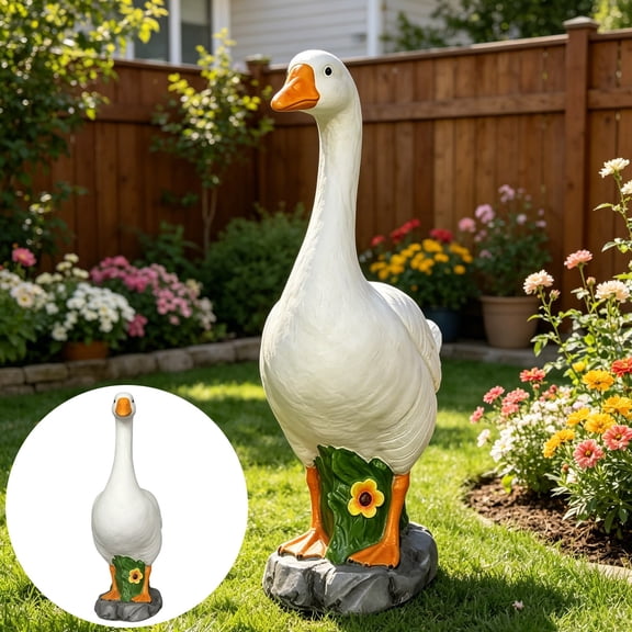 RBCKVXVZ Large Porch Goose Statue, Resin Hollow Garden Goose with Sand-Fillable Stone Base, Weatherproof Outdoor Lawn Ornament for Patio, Yard, Home Decor