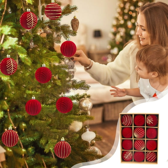 RBCKVXZ 12 Pcs Velvet Christmas Ball Ornaments, 2.36"/60mm Inch Christmas Tree Ball Pandent Flocked Plastic Balls Xmas Hanging Decorations for Tree Holiday Party (Red)