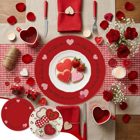 RBCKVXZ 14" Valentine's Day Heart-Shaped Round Placemats - Stain-Resistant Non-Slip Table Mats, Decorative Tabletop Accent for Wedding/Anniversary/Restaurant/Home Dining