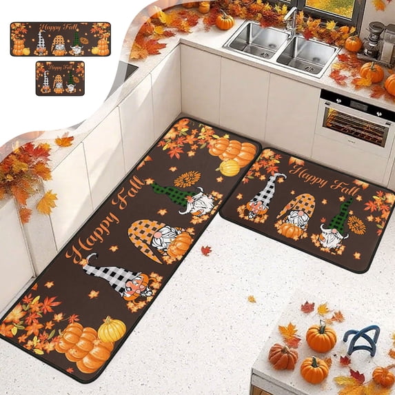 RBCKVXZ 2 Pieces Fall Kitchen Rugs Halloween Thanksgiving Pumpkin Sunflower Orange Maple Leaf Mat Floor Rug for Holiday Autumn Home Decor, 17 x 29 Inches, 17 x 47 Inches