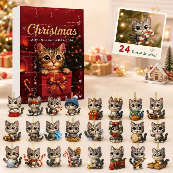 RBCKVXZ 2026 Cat Advent Calendar, 24‑Day Christmas Countdown Calendar, 24 Pcs 2D Acrylic Cute Kitten Ornaments, Festive Hanging Decor for Christmas Tree, Holiday Gift for Cat Lovers & Cat Owners