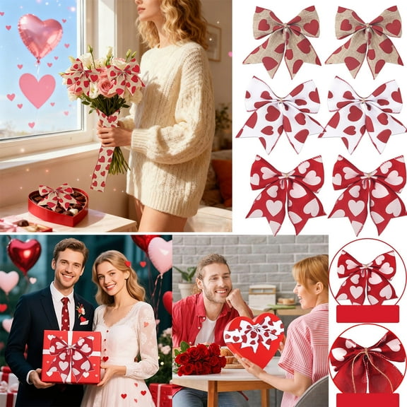 RBCKVXZ 2Pcs Valentine's Day Heart-Printed Burlap Bows - Natural Jute Fabric, Reusable Decorative Pendants for Gift Wrapping/Christmas Tree/Party Table/Sofa Cushion
