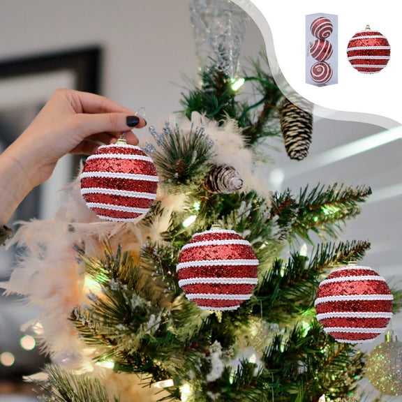 RBCKVXZ 3.15" 3 Pcs Red and White Christmas Tree Ornaments Sequin Shatterproof Christmas Hanging Decor Pearl Balls for Xmas Trees,Holiday Party