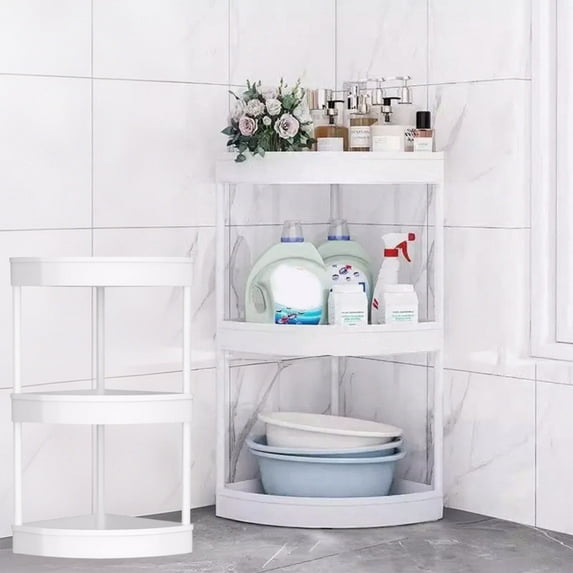 RBCKVXZ 3 Tier Corner Shower Caddy Standing, Kitchen Corner Shelf Countertop Plastic Metal Splicing Shelf Storage Rack for Bathroom White