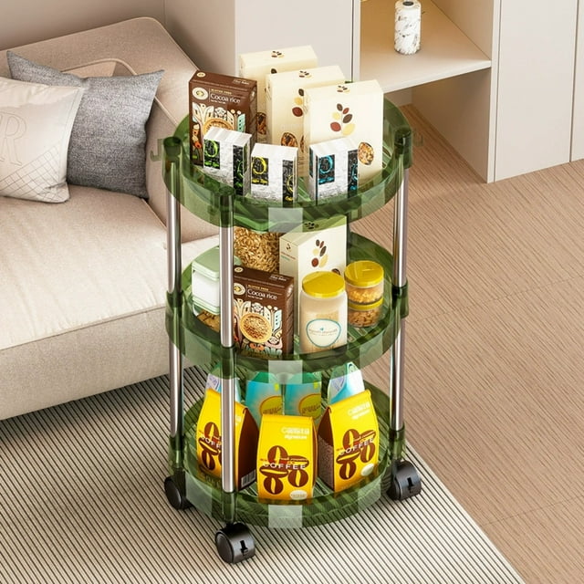 RBCKVXZ 3-Tier Rolling Storage Cart with Wheels, Multi-purpose Small Round Plastic Movable Utility Organizer - Suitable for Living Room, Bathroom, Kitchen, and Makeup, 11.8" W x 22.4" H, Green