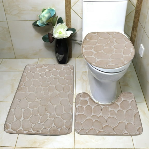 RBCKVXZ 3-piece Bathroom Rugs Set, Super Soft Non Slip Bathtub Carpet and Absorbent Bath Mat, Bathroom Carpet, Plush Bath Mat for Bathroom, U-Shaped Rug and Toilet Lid Cover, Home Decor, Khaki