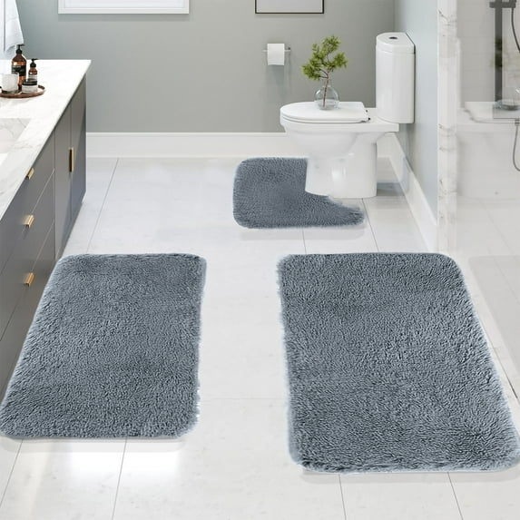 RBCKVXZ 3Pcs Solid Color Bathroom Rugs Set, Bathroom Toilet Carpet Non-Slip Mat, Water Absorption Thick Bath Mats, Machine Washable, Bathroom Decor, Drak Gray