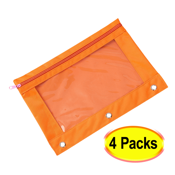 RBCKVXZ 4 PackPencil Pouch for 3 Ring Binder, Large Pencil Case Pouch with 3 Reinforced Grommets, Pen Bag, Clear Window Pencil Case, Binder Accessories