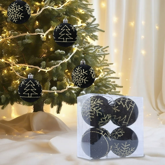 RBCKVXZ 4 Pcs Christmas Balls Ornament, 2.36"/60mm Flocked Christmas Balls Hanging Decorations, Snowflakes Designs Shatterproof Holiday Party Pandent (Black)
