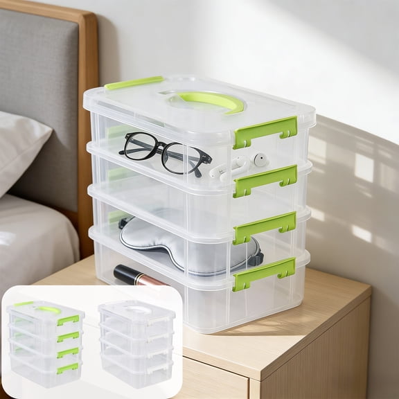 RBCKVXZ 4-Tier Clear Storage Bins, Stackable Carry Storage Box Container, Plastic Lidded Organizer Case With Handle for Beads, Arts & Crafts, Sewing, Office Supplies