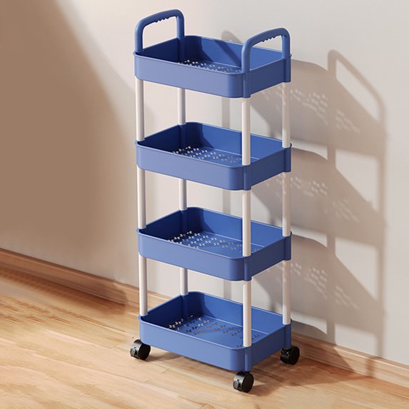 RBCKVXZ 4 Tier Rolling Cart - Plastic Utility Cart with Wheels, Detachable Utility Storage Cart with Handle and Lockable Casters for Bathroom, Living Room, Kitchen, Office (Blue)