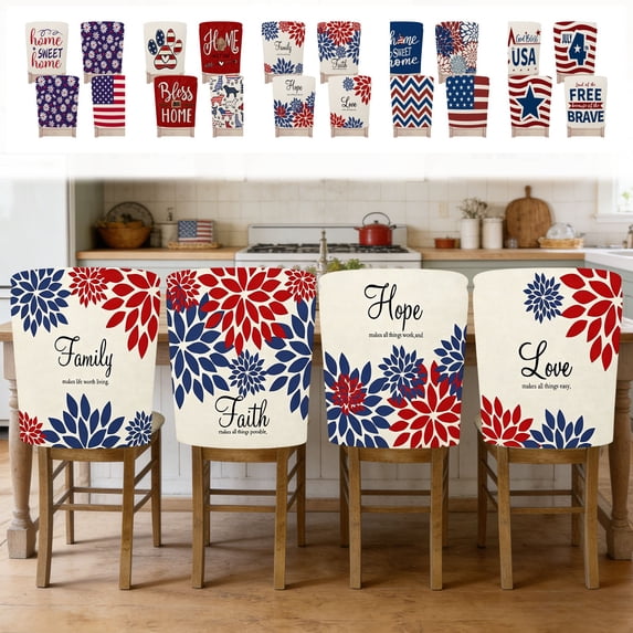 RBCKVXZ 4th of July Chair Covers Set of 4 | 18x25 Inch Stretchy Dining Chair Slipcovers, Non-Slip Red White Blue Patriotic Seat Cover for Home Kitchen Party Decor