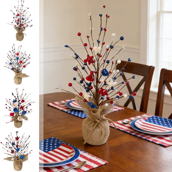 RBCKVXZ 4th of July Patriotic Artificial Decorative Tree, Red White Blue Star Tabletop Tree, Independence Day Holiday Floral Arrangement Home Decor, Potted Mini Tree for Centerpiece Mantel Shelf Gift