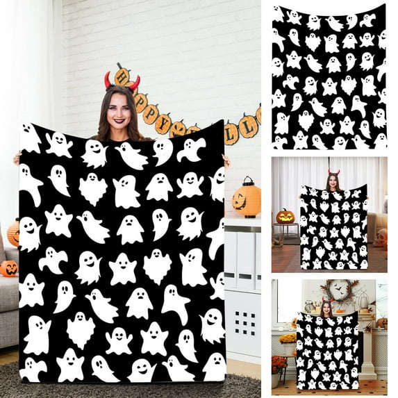 RBCKVXZ 51x39" Halloween Ghost Throw Blanket Microfiber Blanket White Ghost Soft Cozy Fluffy Halloween Blanket for Living Room Sofa Bed (Ghost, Black)
