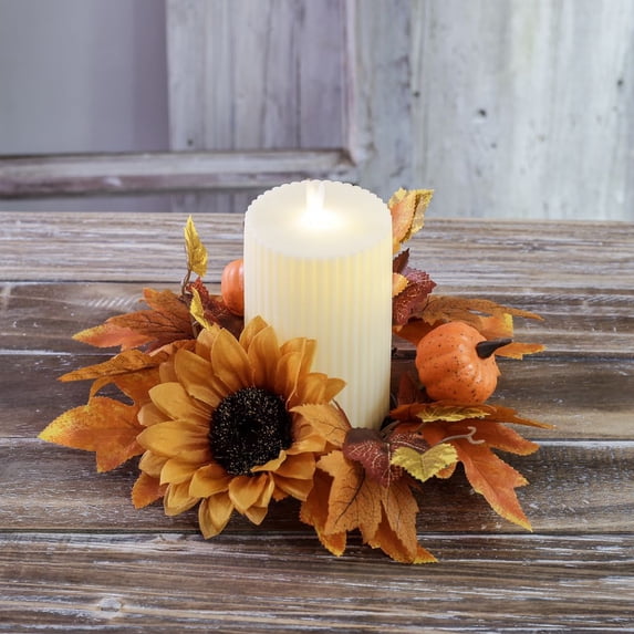 RBCKVXZ Artificial Flower Candle Rings Wreath, 10" Small Sunflowers and Pumpkins Wreath for Candles & Candleholders, Autumns Maple Centerpieces for Home Table, Thanksgiving Halloween Decorations
