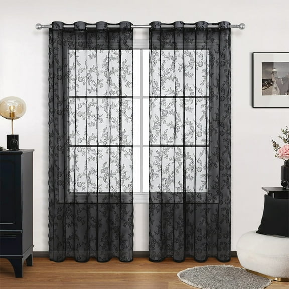 RBCKVXZ Black Sheer Linen Lace Curtains - 39 x 98 inch Length One Panels Window Curtains - Semitransparent Vertical Drapes for Bedroom, Living Room