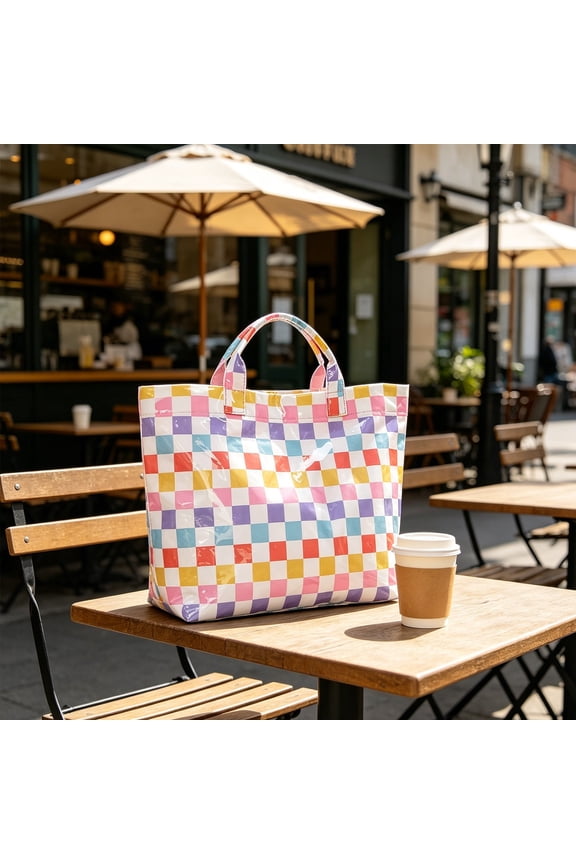 Checkered PVC Tote Bag, Waterproof Large Capacity Handbag for Women, Lightweight Beach Travel Shopping Shoulder Bag Daily Use