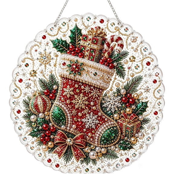 RBCKVXZ Christmas DIY Pearl Painting Suncatcher Kit, Lace Edge Acrylic Hanging Ornament, 3D Mixed Pearl Beads DIY Craft Set with Metal Chain, Xmas Window Hanging Decor & Holiday Gift for Family