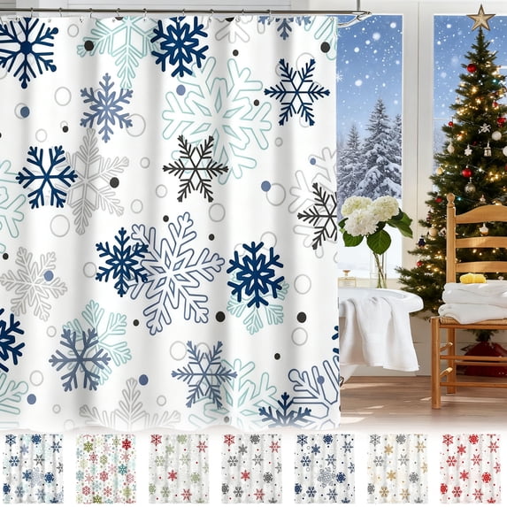 RBCKVXZ Christmas Shower Curtain Colorful Snowflake Pattern Fabric Bath Curtain, No-Drill Installation with 12 Hooks Included, Holiday Bathroom Decor – 72x72 Inch