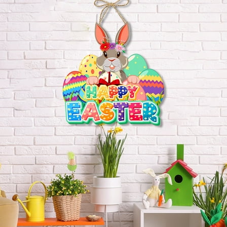 RBCKVXZ Cute Easter Bunny Door Sign, Happy Easter Wooden Hanging Decorations with Ropes, Plaques Bunny Sign Wall Hanger Floral Spring Decor for Front Door Porch Yard Wall Home
