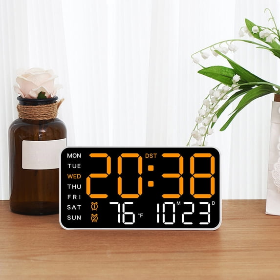 RBCKVXZ Digital Wall Clock with Voice Control, Duable Alarm with LED Screen Dispaly, Auto DST, Temperature for Living Room, Bedroom, Desk Decor, Mounted, Gifts for Elderly (Orange,8.46x4.33Inch)