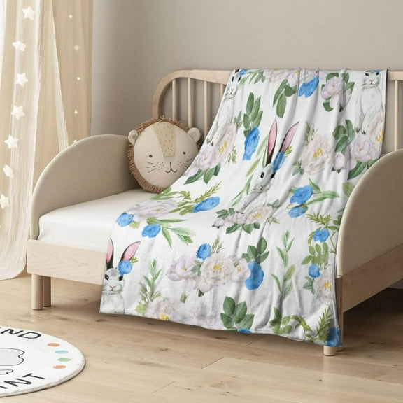 RBCKVXZ Easter Bunny Floral Blanket Blue Throw Blanket Gifts for Girls Boys Rabbits Lover Couch Bedding Super Warm Soft Lightweight Fleece Flannel Blanket for Kids Adults Men Women 51"X40"