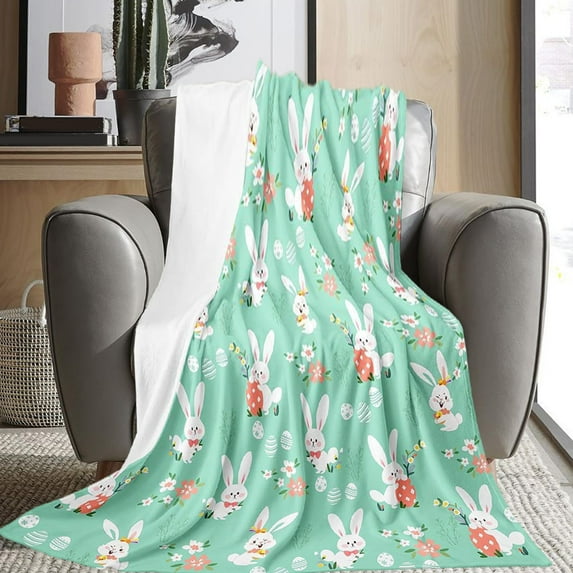 RBCKVXZ Easter Throw Blanket 39 x 27 inch, Spring Bunny Rabbits Eggs Soft Flannel Colorful Decorative Blanket, Cozy Fuzzy Plush Fleece Blanke for Couch Sofa Bed (Green)