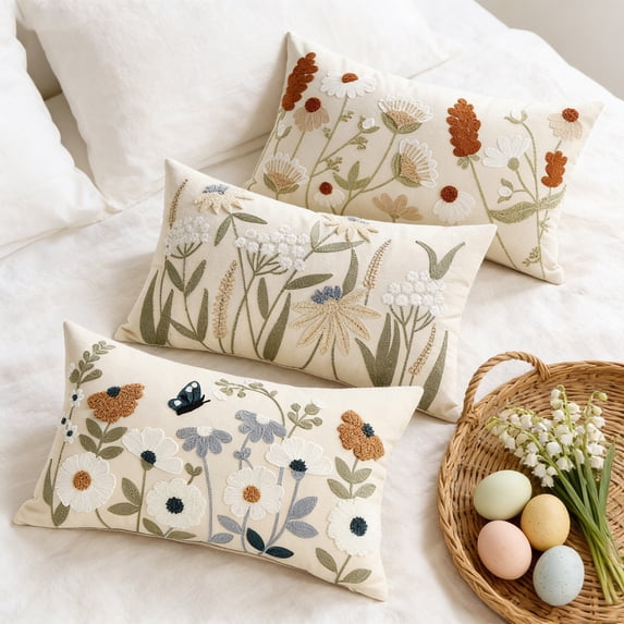 RBCKVXZ Embroidered Throw Pillow Cover 20x12 Inch - Spring Summer Boho Decorative Pillow Cover with Zipper for Living Room Couch Sofa Bed Flower Cushion Pillowcase