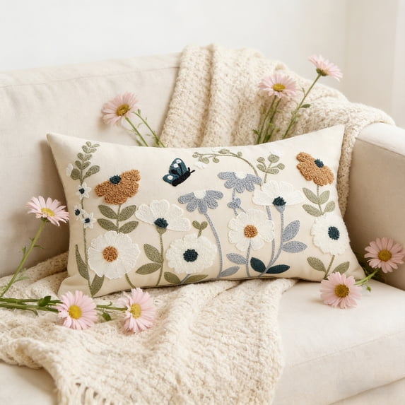 RBCKVXZ Embroidered Throw Pillow Cover 20x12 Inch - Spring Summer Boho Decorative Pillow Cover with Zipper for Living Room Couch Sofa Bed Flower Cushion Pillowcase