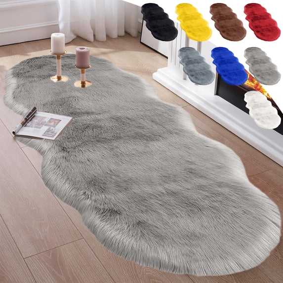 RBCKVXZ Faux Rug for Bedroom, Fluffy Runner Rugs Soft Sheepskin Mat Sofa Couch Seat Cushion, 4.6x2ft Gray Plush Area Rugs Floor Carpets for Nursery Bedside, Cute Shaggy Fuzzy Home Decor