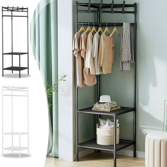 RBCKVXZ Freestanding Coat & Shoe Rack 2-Tier - Plastic Storage with 4 Hooks & 2 Storage Shelves | Corner Space-Saving Entryway Organizer for Home, Dorm & Rental Room (White)