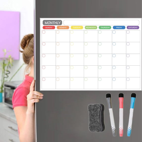 RBCKVXZ Magnetic Dry Erasable Calendar for Fridge - Reusable Monthly/Weekly Planner | Complete Set with 3 Markers & Eraser, Kitchen Refrigerator Board for Home Office Organization