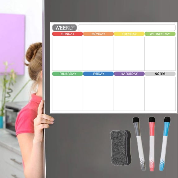 RBCKVXZ Magnetic Dry Erasable Calendar for Fridge - Reusable Monthly/Weekly Planner | Complete Set with 3 Markers & Eraser, Kitchen Refrigerator Board for Home Office Organization