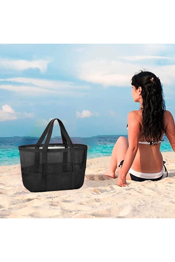 Mesh Beach Bag 6 Pockets Portable Beach Vacation Tote Bag Shoulder Bag for Women, Summer Travel Pool Family Supplies