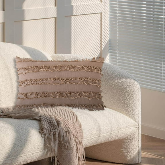 RBCKVXZ Pack of 2 Throw Pillow Covers 12X20 Inch, Decorative Couch Pillow Covers with Fringe, Cotton Linen Decorative Pillowcases for Couch Sofa Bed (Khaki)