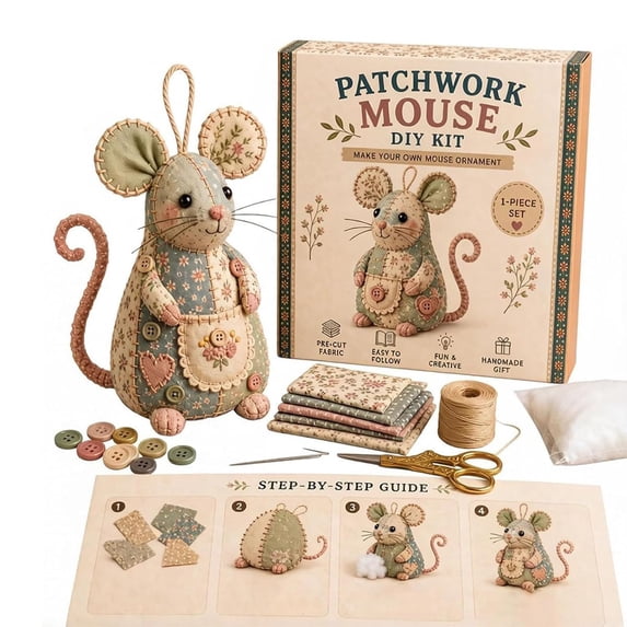 RBCKVXZ Patchwork Mouse DIY Sewing Kit, Pre-Cut Fabric Stuffed Mouse Craft Set with Step-by-Step Guide for Beginners Handmade Decor Gift